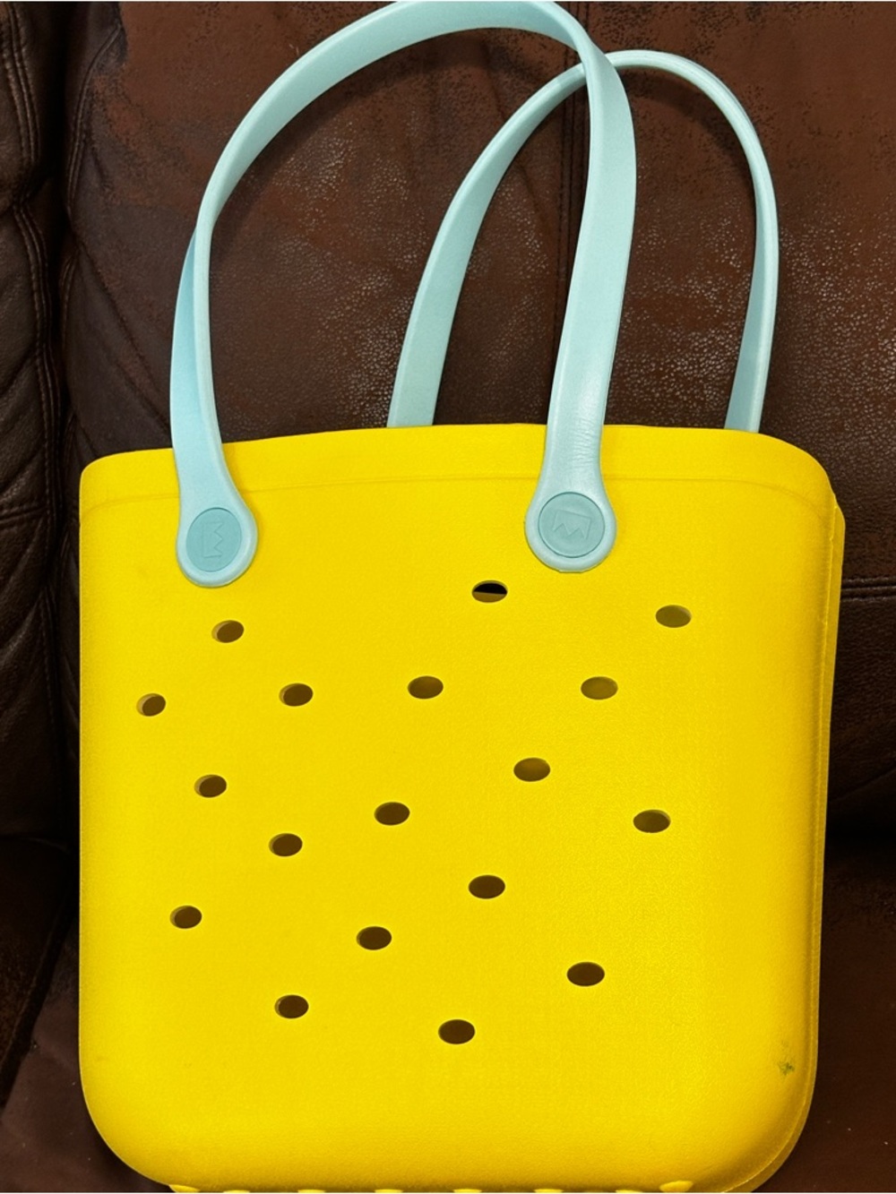 Beach Tote Bag Yellow with Blue Handles waterproof easy cleanup